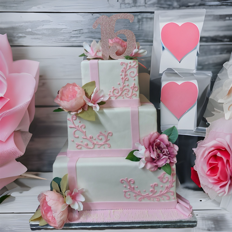 3-TIER PINK TRIM QUINCINIERA BIRTHDAY CAKE