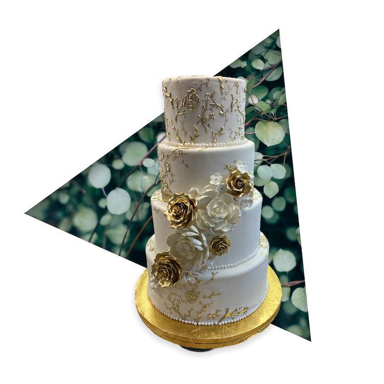 4-TIER GOLD & WHITE FLORAL TRIM CAKE