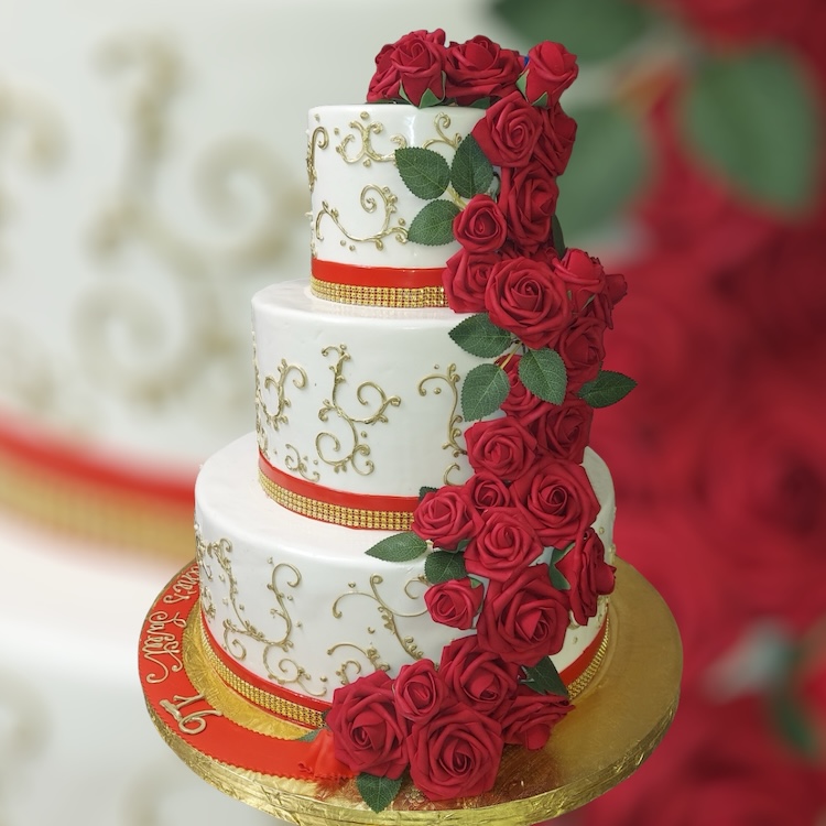 ROSE & GOLD TRIM BIRTHDAY CAKE